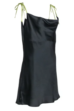 Apparis - Black Sleeveless Satin Slip Dress w/ Green Tie Straps Sz M