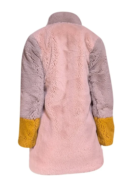 Apparis - Pink, Yellow, & Grey Color Blocked Faux Fur Coat Sz S