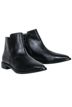 Aquatalia - Black Leather Pointed-Toe Short Boots w/ Croc Embossing Sz 8.5
