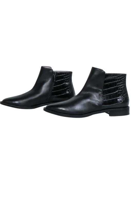 Aquatalia - Black Leather Pointed-Toe Short Boots w/ Croc Embossing Sz 8.5