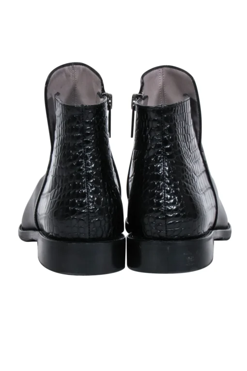 Aquatalia - Black Leather Pointed-Toe Short Boots w/ Croc Embossing Sz 8.5