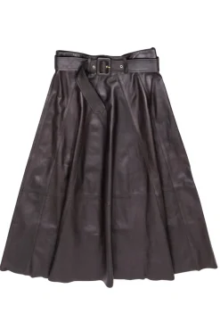Arma - Brown Leather Belted A-Line Midi Skirt Sz M