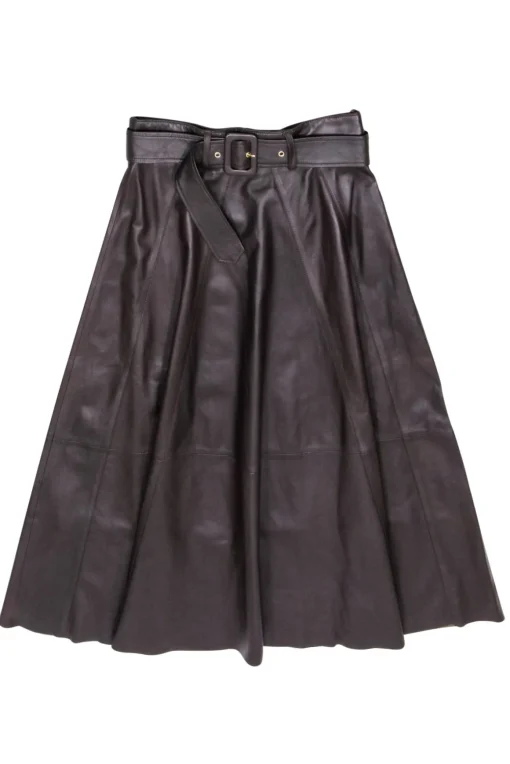 Arma - Brown Leather Belted A-Line Midi Skirt Sz M