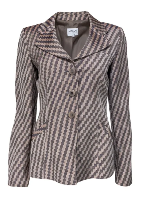 Armani Collezioni - Beige & Brown Checkered Three-Button Blazer Sz 8