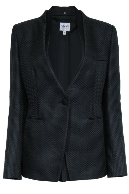 Armani Collezioni - Black Cotton & Silk Textured Blazer w/ Double Collar Sz 14
