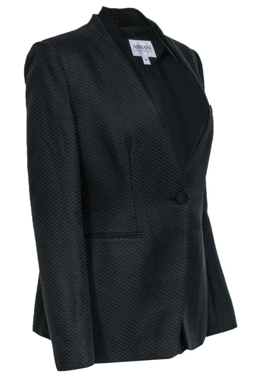 Armani Collezioni - Black Cotton & Silk Textured Blazer w/ Double Collar Sz 14