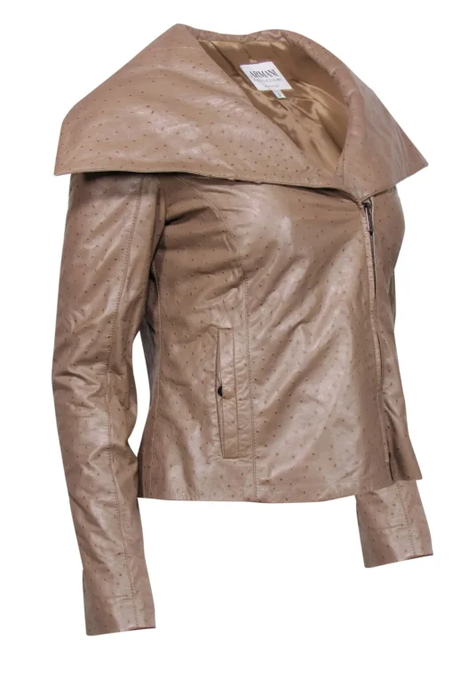 Armani Collezioni - Tan Textured Leather Draped Zip-Up Jacket Sz 6