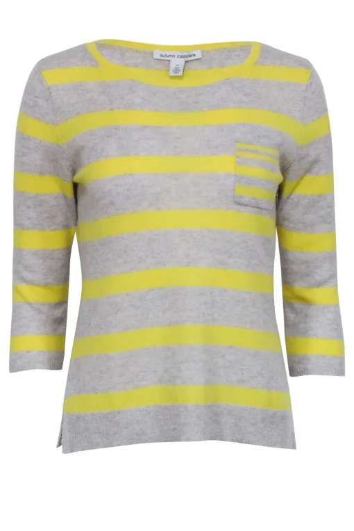 Autumn Cashmere - Grey & Yellow Striped Cashmere Sweater Sz M