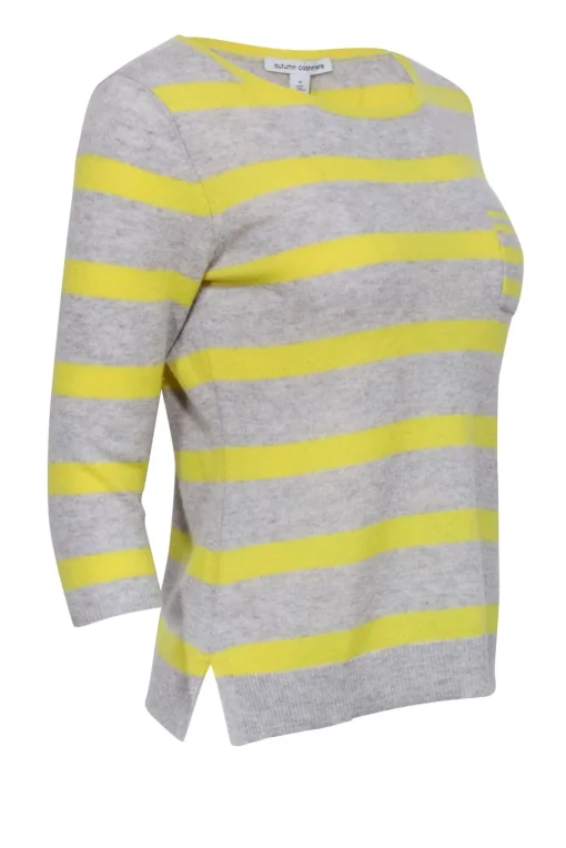 Autumn Cashmere - Grey & Yellow Striped Cashmere Sweater Sz M