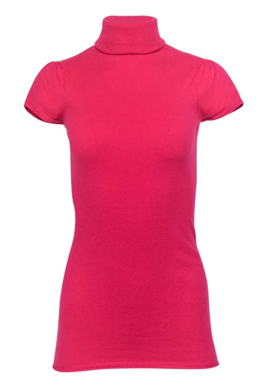 Autumn Cashmere - Hot Pink Cashmere Short Sleeve Turtleneck Sweater Sz S