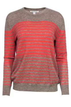 Autumn Cashmere - Taupe & Coral Striped Cashmere Sweater w/ Elbow Patches Sz XS
