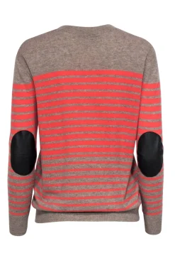 Autumn Cashmere - Taupe & Coral Striped Cashmere Sweater w/ Elbow Patches Sz XS