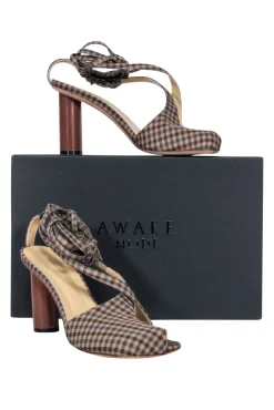 A.W.A.K.E. Mode - Brown & Beige Gingham Asymmetric Open-Toe Heels Sz 8