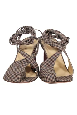 A.W.A.K.E. Mode - Brown & Beige Gingham Asymmetric Open-Toe Heels Sz 8