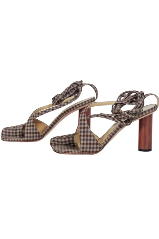 A.W.A.K.E. Mode - Brown & Beige Gingham Asymmetric Open-Toe Heels Sz 8