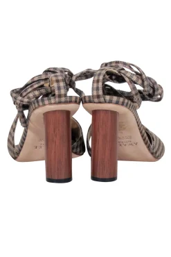 A.W.A.K.E. Mode - Brown & Beige Gingham Asymmetric Open-Toe Heels Sz 8