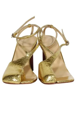 A.W.A.K.E. Mode - Gold Crinkled Foil Asymmetric Open-Toe Heels Sz 8