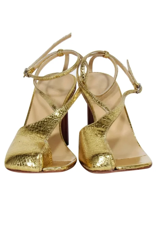 A.W.A.K.E. Mode - Gold Crinkled Foil Asymmetric Open-Toe Heels Sz 8