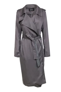 Badgley Mischka - Grey Open Front Belted Trench Coat w/ Faux Leather Trim Sz L