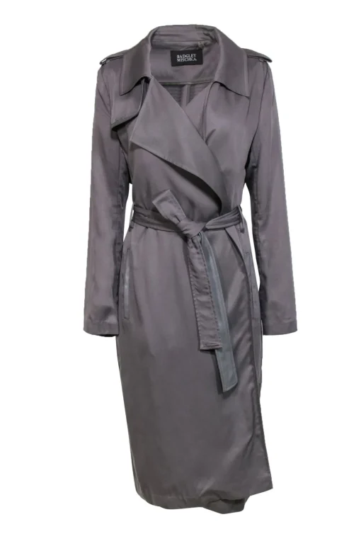 Badgley Mischka - Grey Open Front Belted Trench Coat w/ Faux Leather Trim Sz L