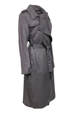 Badgley Mischka - Grey Open Front Belted Trench Coat w/ Faux Leather Trim Sz L