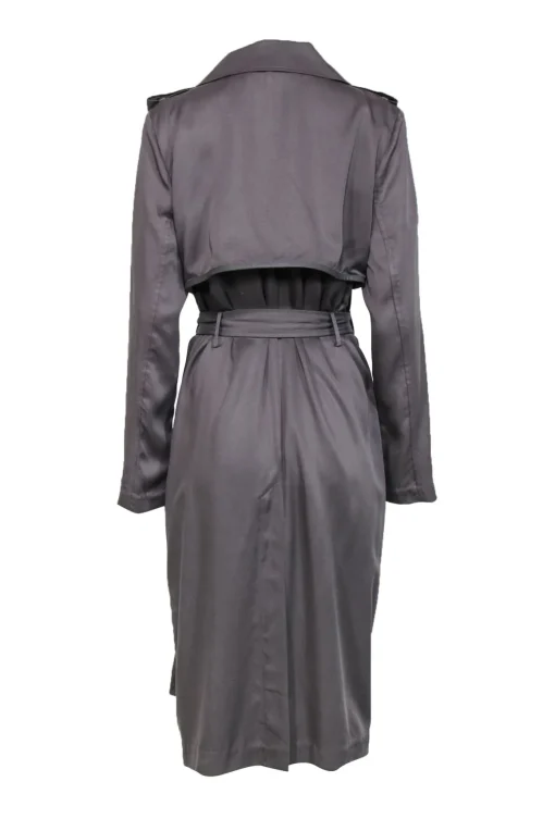 Badgley Mischka - Grey Open Front Belted Trench Coat w/ Faux Leather Trim Sz L