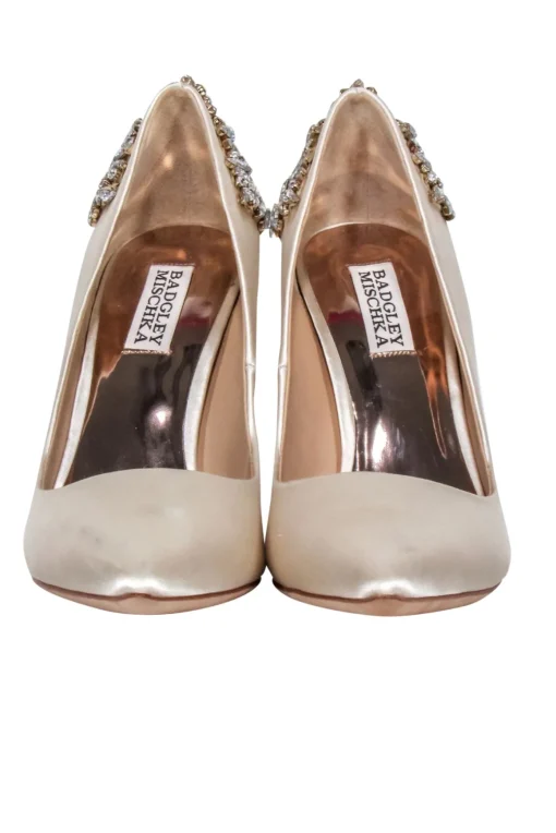 Badgley Mischka - Ivory Satin Jeweled Heel Pumps Sz 8