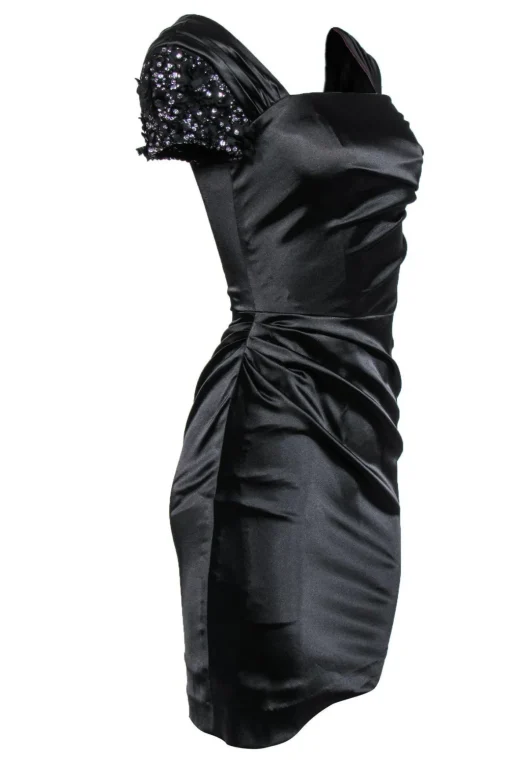 Badgley Mischka Collection - Black Sheath Dress w/ Rhinestone Sleeves Sz 0