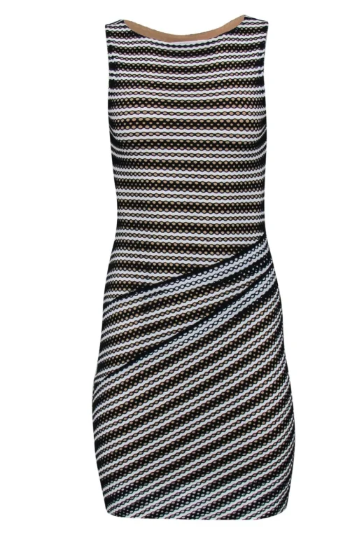 Bailey 44 - Black & White Striped Open Mesh Bodycon Dress w/ Nude Underlay Sz S
