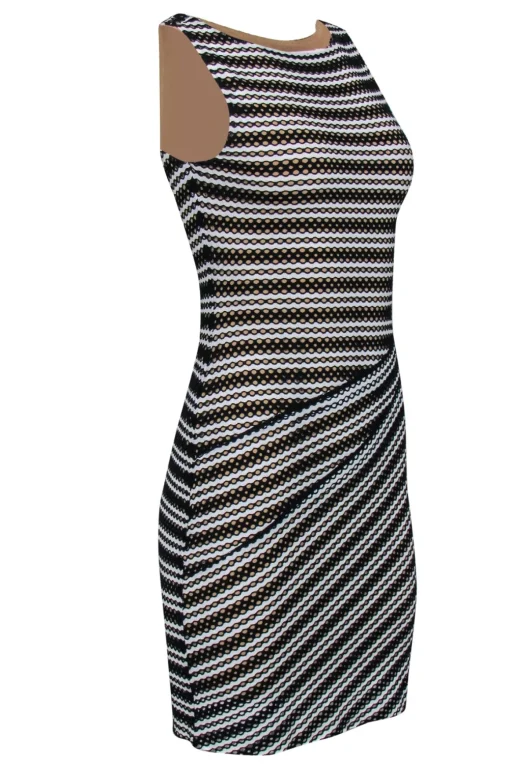 Bailey 44 - Black & White Striped Open Mesh Bodycon Dress w/ Nude Underlay Sz S