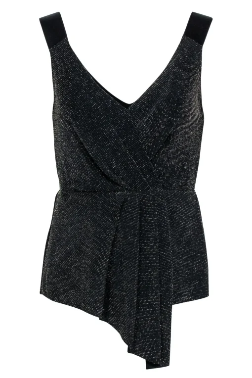 Bailey 44 - Black w/ Gold Textured Metallic Sleeveless Faux Wrap Top Sz S