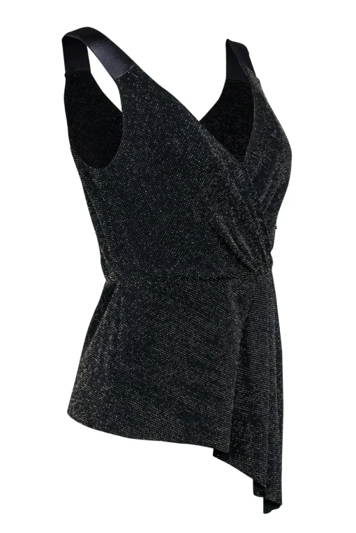 Bailey 44 - Black w/ Gold Textured Metallic Sleeveless Faux Wrap Top Sz S
