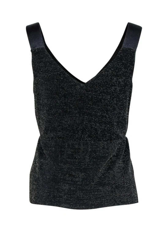 Bailey 44 - Black w/ Gold Textured Metallic Sleeveless Faux Wrap Top Sz S