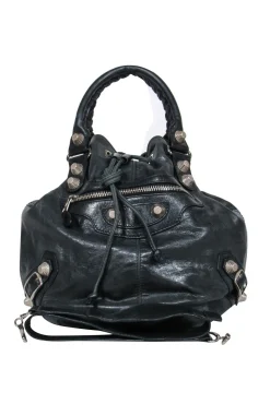 Balenciaga - Black Leather Studded Motorcross Pompon Bucket Bag