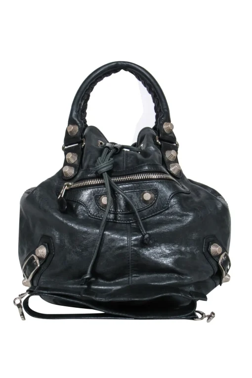 Balenciaga - Black Leather Studded Motorcross Pompon Bucket Bag