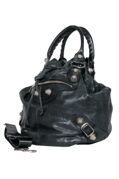 Balenciaga - Black Leather Studded Motorcross Pompon Bucket Bag