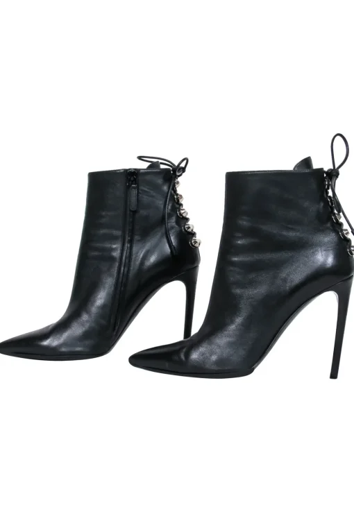 Balenciaga – Black Leather Pointy Toe Booties w/ Lace Up Back Sz 7.5