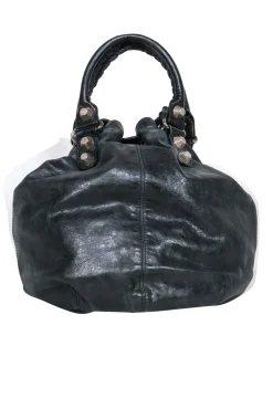 Balenciaga - Black Leather Studded Motorcross Pompon Bucket Bag