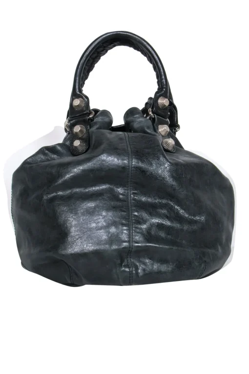 Balenciaga - Black Leather Studded Motorcross Pompon Bucket Bag