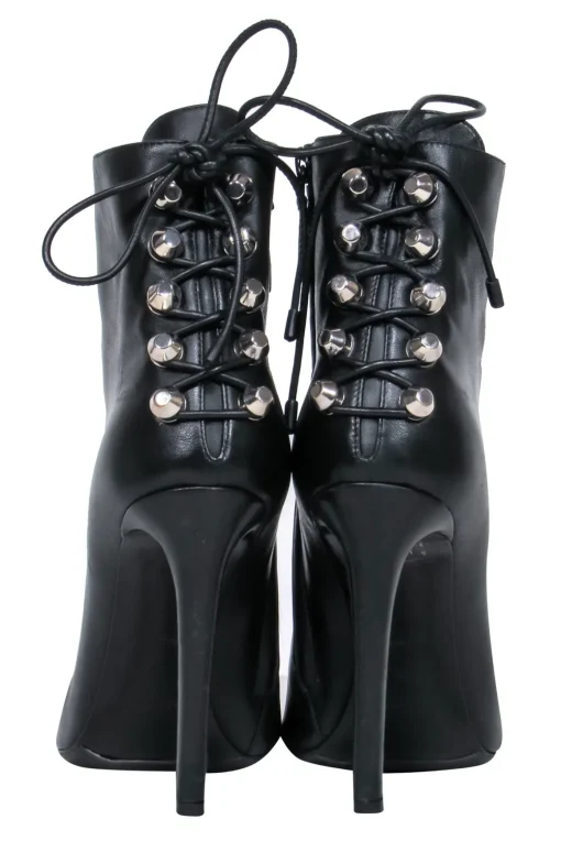 Balenciaga – Black Leather Pointy Toe Booties w/ Lace Up Back Sz 7.5