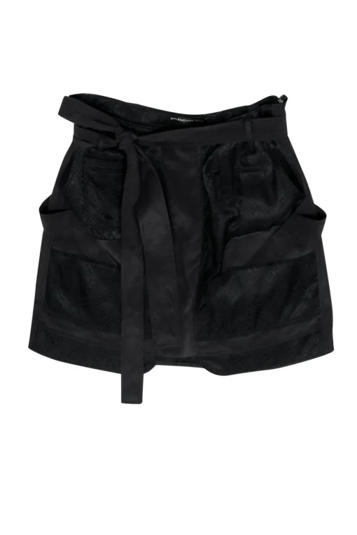 Balenciaga - Black Reptile Embossed Belted Silk Miniskirt Sz 2
