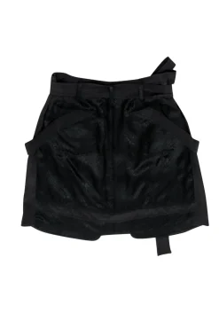 Balenciaga - Black Reptile Embossed Belted Silk Miniskirt Sz 2