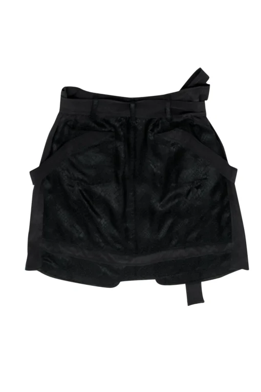 Balenciaga - Black Reptile Embossed Belted Silk Miniskirt Sz 2