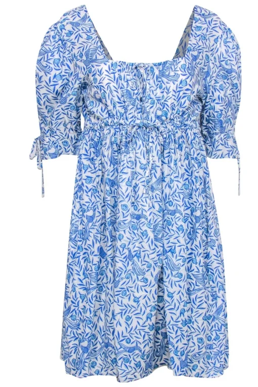 Banjanan - Blue & White Textured Bird & Leaf Print Babydoll Dress Sz L