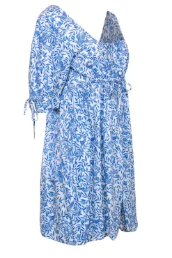 Banjanan - Blue & White Textured Bird & Leaf Print Babydoll Dress Sz L