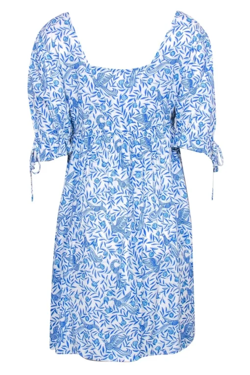 Banjanan - Blue & White Textured Bird & Leaf Print Babydoll Dress Sz L