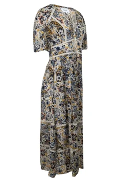 Ba&sh - Beige w/ Navy & Yellow Floral Paisley Print Tiered Maxi Dress Sz M