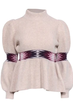 Ba&sh - Beige Wool Blend Mock Neck Peplum Sweater w/ Geometric Print Sz S