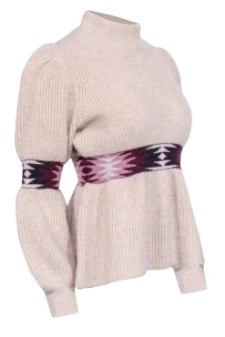 Ba&sh - Beige Wool Blend Mock Neck Peplum Sweater w/ Geometric Print Sz S