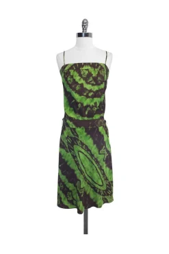 BCBG - Green & Brown Print Silk Dress Sz XS